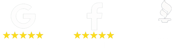 Google 5.0 rating, Facebook 5.0 rating, BBB Rated A+ Trusted